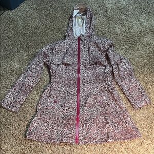 Prana Women’s Floral Raincoat with Hood - Red / Burgundy /White background .